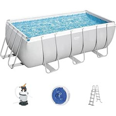 Bestway Power Steel Frame Pool Complete Set with Sand Filter System 640 x 274 x 132 cm, Light Grey, Square