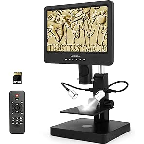 10 Inch IPS HDMI Digital Microscope 3 Lenses 2000X LINKMICRO LM249S UHD 2160P Coin Microscope for Adults, STEM Microscope Kit for Children, Full View of Coins, Plastic Stand 32G SD Card