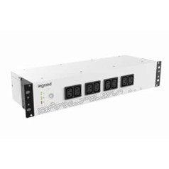 LEGRAND, 310331 19 collu statīvs PDU ar integrētu UPS sistēmu, 800 VA — 480 W, 1 fāze 230 V ar 8 virzienu IEC barošanas sloksni 19 collu plauktiem / strāvas sadales skapjiem, savienojuma laiks līdz 15 minūtēm