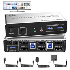 8K@60Hz DisplayPort KVM slēdzis 2 dators 2 monitori 4K @ 120 Hz DP 1.4 USB 3.0 KVM slēdži 2 datoriem ar 3 USB portiem un audio mikrofona izvadi