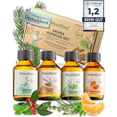 WOODFJORD Organic Active Sauna Infūzijas komplekts, 4 dažādi pirts aromāti un eļļas, katrs 100 ml, Premium saunas uzlējumu komplekts autentiskām pirts pieredzēm, Perfect Sauna Fragrance Tasting Set