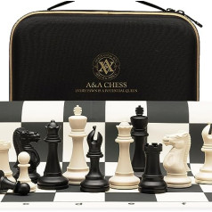 A&A Tournament Chess Game / 51 cm x 51 cm (20 inches x 20 inches) Foldable Silicone Chess Board / 9.6 cm (3.75 inches) King Height Plastic Quadruple Weighted Classic Staunton Figures/Storage Bag