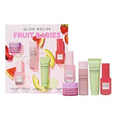 Glow Recipe — Fruit Babies bestselleru komplekts — Mini Travel Size Beauty Essentials — Avokado putu tīrīšanas līdzeklis, Niacinamīda rasas pilienu serums, Poras cieši pieguļošs toniks, Salicilskābes serums, Hialuronskābes krēms (5 skait