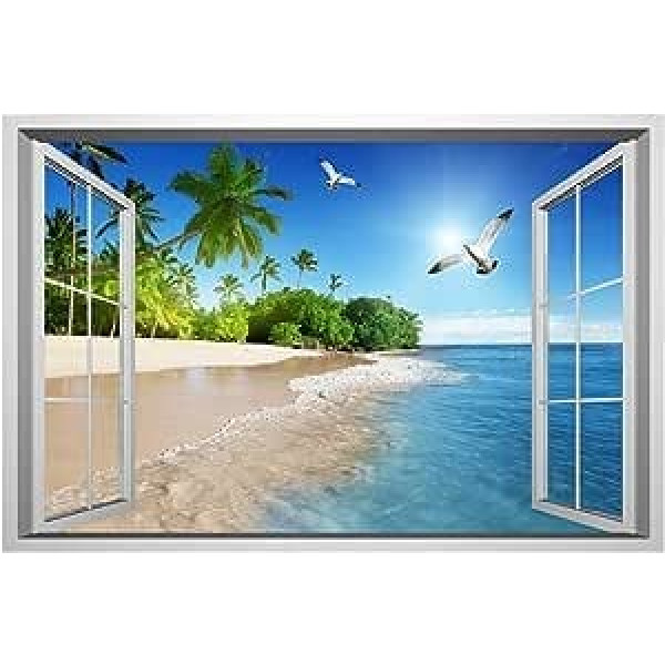 Lichi 3D Fake Window Wall Sticker Beach Landscape View Wall Sticker for Home Decoration