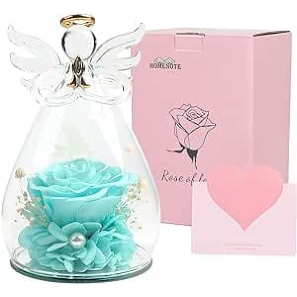 Qidordour 16,8 cm große konservierte Rose Weihnachten Geburtstag Geschenke für Frauen Mama Oma Frau Engel Geschenke für sie, Glas Engel Figuren Geschenke mit hübschen Aqua Blumen für Jahrestag,