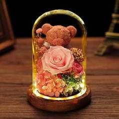 Burvju kastes lācis, rozes un mūžīgais pušķis. Ideāla dāvana, Mātes diena, sieva, draudzene. Caurspīdīgs stikls.