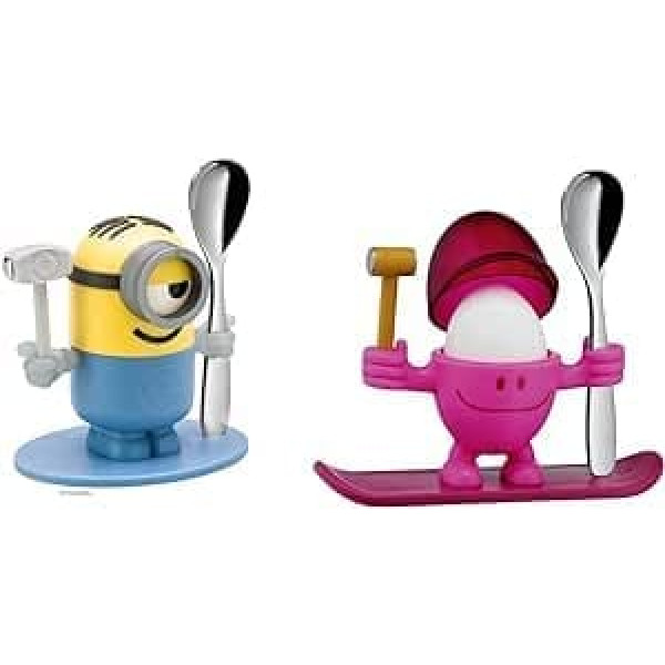 WMF Minions olu kauss ar karoti, plastmasa, no 3 gadiem, pulēts Cromargan nerūsējošais tērauds, dzeltens, zils un McEgg rozā, plastmasas olu krūze ar karoti, izgatavota no Cromargan nerūsējošā tērauda, augstums 11 cm