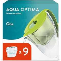 Aqua Optima Oria Water Filter Jug & 9 x 30 Day Evolve+ Water Filter Cartridge 2.8 Litre Capacity to Reduce Microplastic, Chlorine, Limescale and Impurities - Green