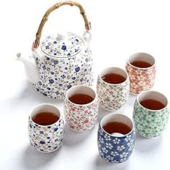 fanquare ziedu porcelāna tējas komplekts ar tējkannu, vintage ķīniešu keramikas tējas komplekts ar rotangpalmas rokturi
