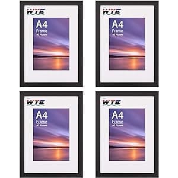 A4 Frame, Set of 4, Wooden A4 Picture Frames with A5 Mount, A4 Picture Frame with Stand, Table Top or Wall Hanging, A4 Black Frame Poster Frame with Plexiglass Window, Black