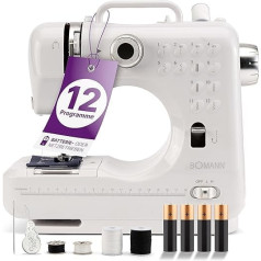 Bomann® Sewing Machine for Beginners with 12 Stitch Patterns, Sewing Machine with Forward and Reverse Sewing Function and 2 Speed Levels, with Battery or Mains Operation and Anti-Glare LED Light - NM