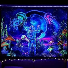 QGKPL Black Light Gobelēni, Astronaut UV Reactive Black Light sienas plakāts guļamistabas estētiskā gobelēna dekorēšanai, jūras medūzu sēņu sienas paklāji ar montāžas piederumiem, 59 x 79 collas