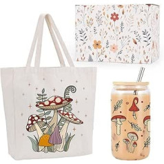 Miracu Cute Canvas Tote Bag Sēņu 16oz ledus kafijas krūzes dāvanu komplekts Raganu Ziemassvētku sēņu dāvanas sievietēm Stikla krūzes ar vāku salmiņi Atkārtoti lietojama Crossbody soma, Ocean Tides