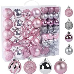 Agoer 60 Pieces Christmas Baubles Set Christmas Tree Baubles Glitter Decoration Christmas Baubles in Pink and Silver in Plastic with Star, Chain, Box, Hanging Decorations