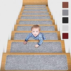 MBIGM 15 kāpņu paklājiņu komplekts 20 cm x 65 cm Kāpņu paklājs Pašlīmējošs drošības kāpņu paklājs bērniem, vecākiem cilvēkiem un mājdzīvniekiem, gaiši pelēks
