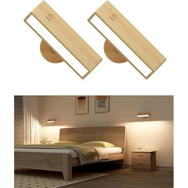 DetarZinLED Battery Wall Light Indoor Pack of 2 Wood, Wall Light without Power Connection, Wall Lamp Wireless Dimmable Touch Control, Lamp without Drilling, 360° Rotatable Magnetic for Bedroom, Living