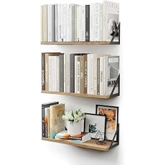 CASSA Wall Mounted Floating Bookcase for Wall, Set of 3, Natural Shelf, Bookcase for Bedroom, Living Room, Office, Bathroom, Kitchen, Rustic Wood with Metal Bracket