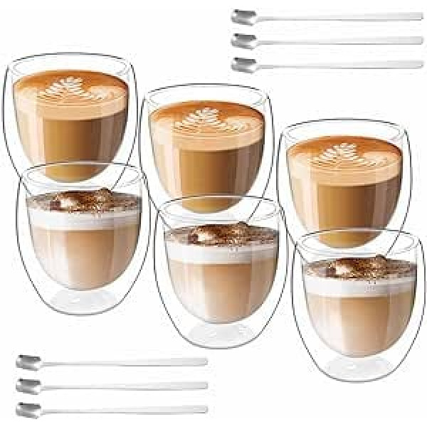 Molbory 6 dubultsienu espresso tasīšu komplekts 80 ml, kafijas glāzes ar 6 karotēm, Latte Macchiato glāžu komplekts, kapučīno glāzes, kafijas tasīšu glāze, termiskās glāzes, dubultsienu espresso glāzes