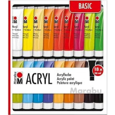 Marabu 1210000000201 - Basic Acrylic Paint Set with 18 x 36 ml Water-Based Paints, Suitable for Many Surfaces, Quick Drying, Waterproof and Non-Fade