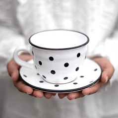 City to Cottage — keramikas kafijas krūze tējas krūze 350 ml, balti un melni punktiņi ar rokām darināta kafijas krūze ar apakštasīti, kapučīno krūze