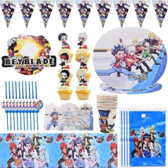 IQEPXTGO Beyblade Party Tableware Theme Party Decorations Party Decoration Set for Children's Birthday Party Table Decoration Party Includes Plate Paper Towel, Knife, Spoon, Cup, Tablecloth 77 Pieces Set