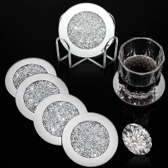 7 Pieces Glass Coasters Set, 6 Pieces Silver Crushed Crystal Coasters with Holder for Drinks Glitter Crushed Diamond Decoration on Tabletop for Home Table Bar Accessories