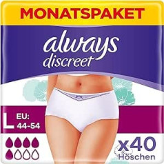 Always Discreet Incontinence Pants Size L, Regular, 40 Pants (4 x 10 Pieces) for Women, Monthly Pack, Instantly Locks Odours and Liquids
