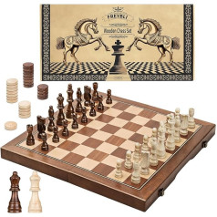 FREYBLI magnētiskā šaha spēle un dambretes spēle, 38 x 38 cm (2 vienā) šaha galda spēļu komplekts, ar rokām darināta pārnēsājama ceļojumu šaha spēle pieaugušajiem un bērniem, 2 papildu karalienes