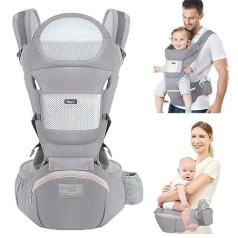 6-in-1 Baby Carrier for Newborns, Ergonomic Baby Carrier with Hip Seat, Pure Cotton, Breathable, Adjustable Seat, Babies and Toddlers (0-36 Months, 15-20 kg) (Grey)