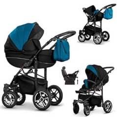 17 Piece Quality 4-in-1 Cosmo Eco Travel System – Artificial Leather: Pram + Buggy + Child Car Seat + Iso Base + Swivel Wheels – All Inclusive Package in 37 Great Colours