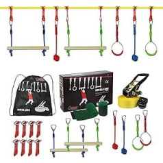 ALPIDEX Ninja Line, Children's Slackline, Obstacles Set, Gymnastics, Rings, Rope Knot Swing, Climbing Ladder, Accessories, Expandable Warrior Parcours