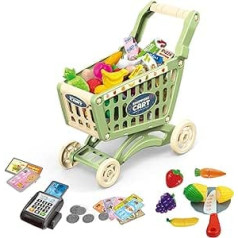 RedCrab Shopping Trolley for Children, 64-Piece Shopping Trolley Accessory Set, Plus Size Role Play Trolley Cart Play Set, Educational Toy, Gift for Children from 3+ Years, Boys Girls (Green, 64