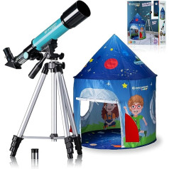 Bresser Junior Lens Telescope 50/360 bērniem — astronomijas sākuma komplekts ar telti, refraktora teleskopu, statīvu, azimuta stiprinājumu, okulāriem un zenīta spoguli, zils