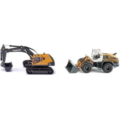 Siku 3535, Volvo hidrauliskais ekskavators & 3561, Liebherr L 556 frontālais iekrāvējs, 1:50, metāls/plastmasa, oranžs, kustīgs frontālais iekrāvējs, dzinēja pārsegs atvēršanai