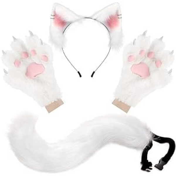 hbbhml Fluffy Ears Tail un Cat Paw Cimdi komplekts Cosplay kostīmu aksesuārs Helovīna Ziemassvētku karnevāla ballītei