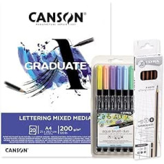 Canson Graduate Lettering Multi-Technical Bloc Kit, 20 loksnes, 200 g, Lyra Aqua Brush Duo pasteļtoņi, 6 vienības, abpusēji marķieri: viens smalks — Ofituria