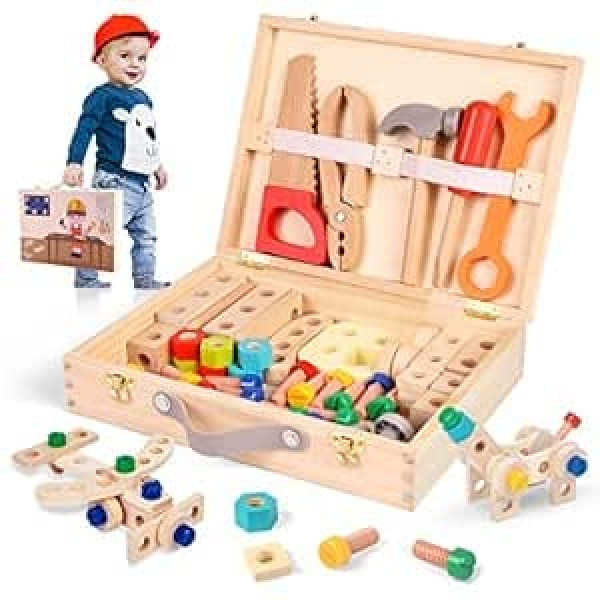 Children's Tool Box, Wooden Toys, 55 Pieces Workbench Children's Tool Set with Wooden Tool and Tool Box, Motor Skills Toy from 2 3 4 5 Years Boys Girls Birthday Gift (Box)