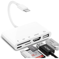 Uniytriox apgaismojuma uz HDMI USB adapteris, 5-in-1 digitālā AV USB SD/TF adaptera savienojuma kamera ar HDMI sinhronizācijas ekrānu, karšu lasītāju un barošanas portu, kas ir saderīga ar iPhone/TV/projektoru/monitoru/pad.