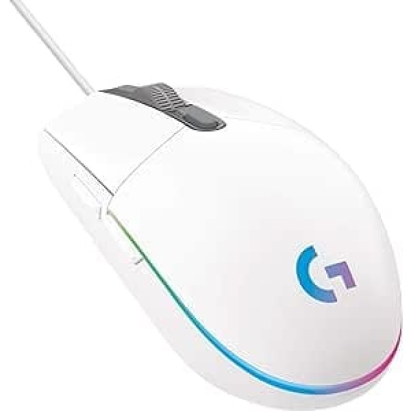 Logitech G203 gaming mouse with adjustable LIGHTSYNC RGB lighting, six programmable buttons, games Ruggedized sensor scanning with 8000 dpi, Lightweight, White