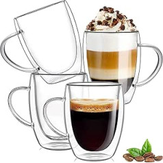 350 ml Coffee Glass Latte Macchiato Glasses with Handle, Pack of 4 Tea Glass, Double-Walled Glasses, Borosilicate Glass, Heat Resistant Coffee Cups, Drinking Glasses, Perfect for Cappuccino,