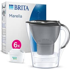 BRITA Marella ūdens filtrs, pelēks krūze (2,4 l) ar 6x Maxtra Pro universālo kārtridžu (pusgada iepakojums) filtru kaļķakmens, hlora, svina, vara un garšu traucējošu vielu samazināšanai ūdenī