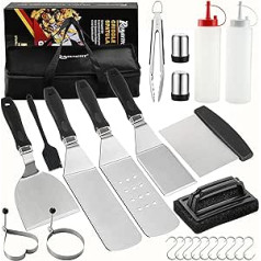 ROMANTICIST 15 Piece BBQ Set with Smash Burger Press BBQ Accessories Set BBQ Spatula BBQ Tools for Outdoor BBQ, Teppanyaki Camping and Cooking