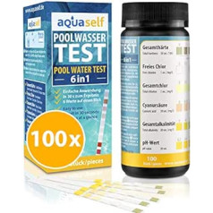 aquaself 6-in-1 Pool Water Testers, Set of 100 Water Test Strips for Swimming Pools that Check pH, Free Chlorine, Total Chlorine, Total Hardness, Cyanuric Acid and Total Alkalinity, Includes E-Book [English Language Not Guaranteed]
