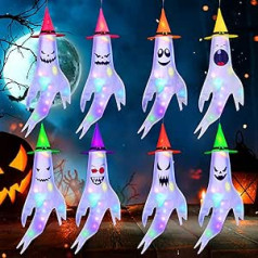 VIHOSE 8 Stück Halloween-Geister-Windsäcke ar LED-Hängedekorationen, lange Flagge, Windsocken für Terrasse, Hof, Zuhause, Outdoor-Dekoration, Halloween-Partyzubehör (Hut-Stil)