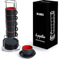 MIAMIO - 6 x 75 ml Espresso tasīšu komplekts/Espresso tasīšu komplekts ar apakštasīti un statīvu - Kafijas tasīšu komplekts no 6 keramikas kafijas tasītēm - Le Papillon Collection (sarkans)