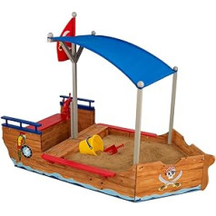 KidKraft pirātu kuģa koka smilšu kaste ar vāku, smilšu kaste ar jumtu, āra spēles bērniem, dārza rotaļlieta, 00128