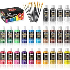 ABEIER Acrylic Paint Set of 24 Colours (60ml each) and 12 Brushes, Premium Non-Toxic, Fade-resistant, Glossy Finish, for Canvas, Wood, Fabric, for Beginners, Adults, Kids, Artists