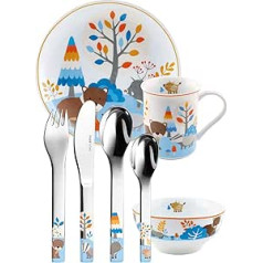 Puresigns Children's Tableware Friends Forest Animals Design Stainless Steel 7-Piece Set (Plate, Cup, Bowl, Spoon, Knife & Fork)