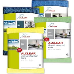 Alclear 961000 virtuves komplekts 4 daļ. Ietver vislabāk pārdotās ultra mikrošķiedras virtuves lupatas 32 x 36 cm Miracle Dry 60 x 40 cm, skalošanas sūkļa lupatiņu, antibakteriālu 17 x 23 cm, dzeltenu un zaļu