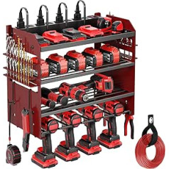 POKIPO Power Tool Organiser Wall Mount with Charging Station, Robust 4-Layer Drill Holder, Tool Storage in 8 Power Strips, Utility Rack with 2 m Cable for Garage, Workbench and Workshop